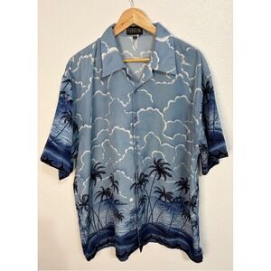 Vintage 90's Ferugini Mens XXXL Blue Tropical Palm Tree Island Print Camp Shirt